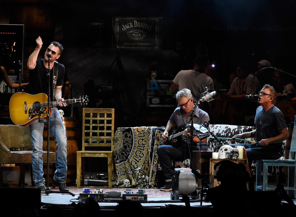NASHVILLE, TN - JULY 30:  Musicians Lee Hendricks and Craig Wright join Singer/Songwriter Eric Church (left) for the opening of the new Ascend Amphitheater with the first of two sold out solo shows on July 30, 2015 in Nashville, Tennessee.  (Photo by Rick Diamond/Getty Images)